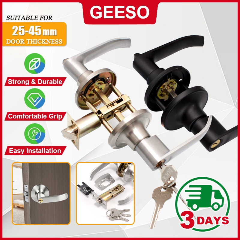 GEESO ลูกบิดก้านโยก ลูกบิดเขาควาย ก้านโยกเปิด-ปิดประตู พร้อมล็อคในตัว กุญแจ 3ดอก อุปกรณ์ที่ล็อคประตู สแตนเลส แบบสามก้าน พลาสติก สําหรับห้องน้ํา Aluminium Alloy Lock Set