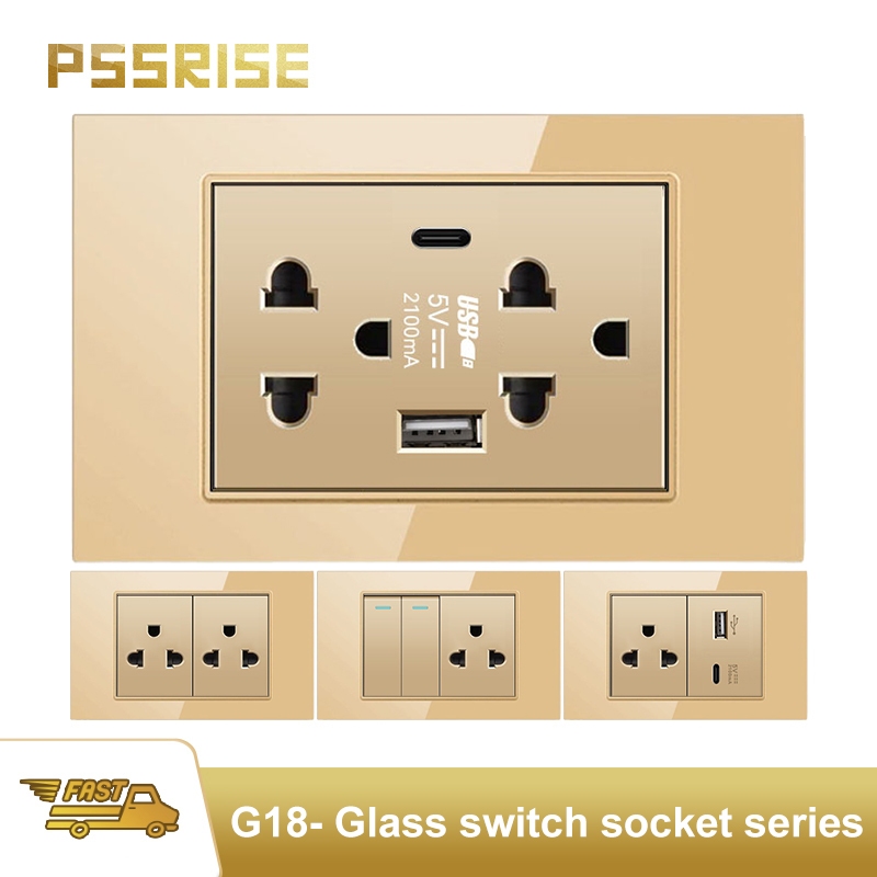 Pssrise 118 Gold กระจกเทมเปอร์สวิตช์ซ็อกเก็ตแผงกระจกนิรภัยซ็อกเก็ต USB รับประกัน 2 ปี [G18]