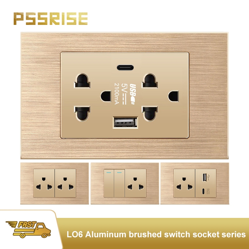 PSSRICE ຊຸດສະວິດແລະປລັກຜົນຕິດຝາ Type 118 ສີທອງ ອາລູມິນຽມຂັດມັນ 15A 110V ພ້ອມຮັບປະກັນ