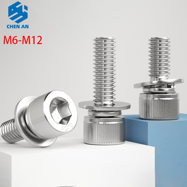 M6 M8 M10 M12 304 สแตนเลสหกเหลี่ยม Hex ซ็อกเก็ตหัว SEM สกรูแบนเครื่องซักผ้าสปริงปะเก็นประกอบ Bolt SHINY SURFACE Allen Bolt DIN912 Skru