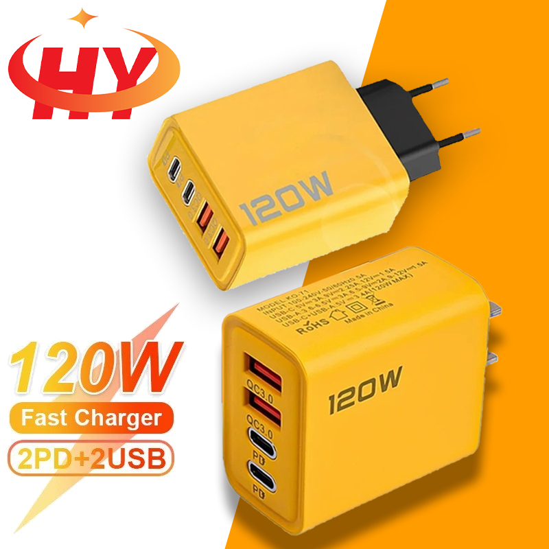 Hy 120W Fast Charger - หัวชาร์จติดผนัง - พอร์ต USB C PD Dual - อะแดปเตอร์ชาร์จด่วน - ปลั๊ก US & EU - เข้ากันได้กับโทรศัพท์ iP และ Android