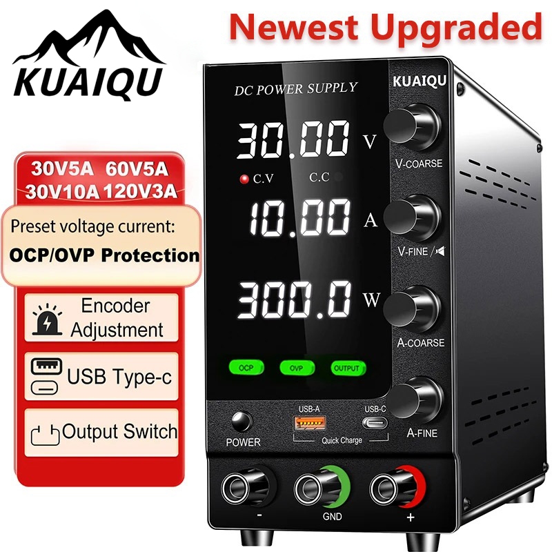 KUAIQU สวิตช์พาวเวอร์ซัพพลาย ปรับได้ DC POWER SUPPLY การป้องกัน OCP + OVP 30V10A 60V5A 120V3A ชาร์จแบตเตอรี่ สำหรับการซ่อมโทรศัพท์มือถือการชาร์จแบตเตอรี่