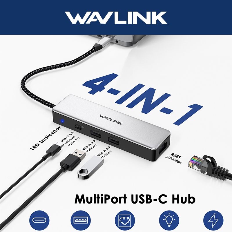 Wavlink 2.5Gbps Gigabit Ethernet USB C Hub 4 IN 1 USB 3.2 Gen2 Hub พร้อม 1*10G USB-C, 2*10G USB-A 1*100W PD IN 1*RJ45 สําหรับ MacBook