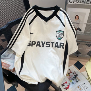 Proman-ฤดูร้อน สไตล์อเมริกัน ยอดนิยม ลายทาง คอวี เสื้อยืด ชาย 2024 รุ่นใหม่ กีฬา แบบหลวม แขนสั้น