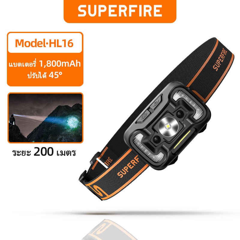 SUPERFIRE HL16 ไฟหน้ากันน้ําแบบชาร์จไฟได้ Super Bright 300 LED Lumens COB ไฟหน้าโคมไฟหัวไฟฉาย