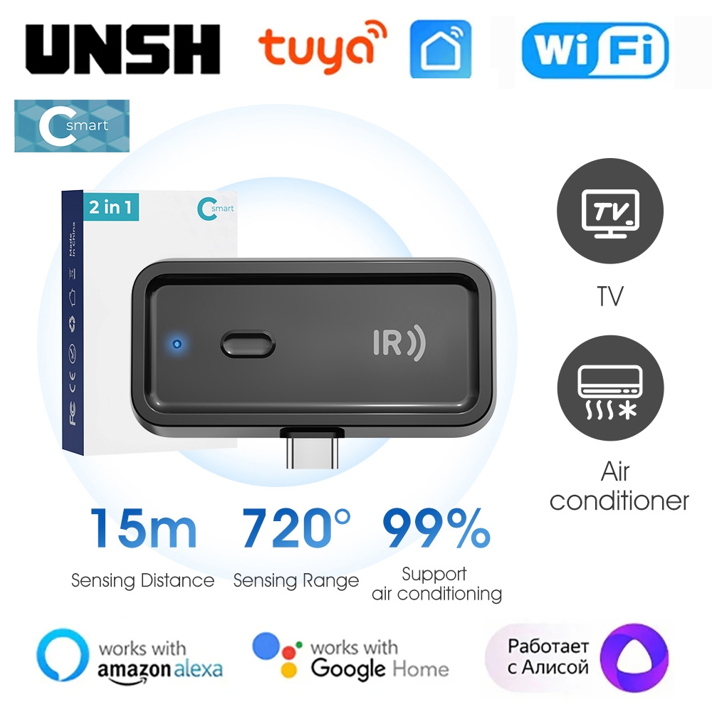 พอร์ต Type-C Tuya IR WiFi รีโมทคอนโทรลอัจฉริยะ 15M 720° Universal Smart Life Control สําหรับ TV DVD AUD ทํางานร่วมกับ Alexa Google Home Tmall Genie