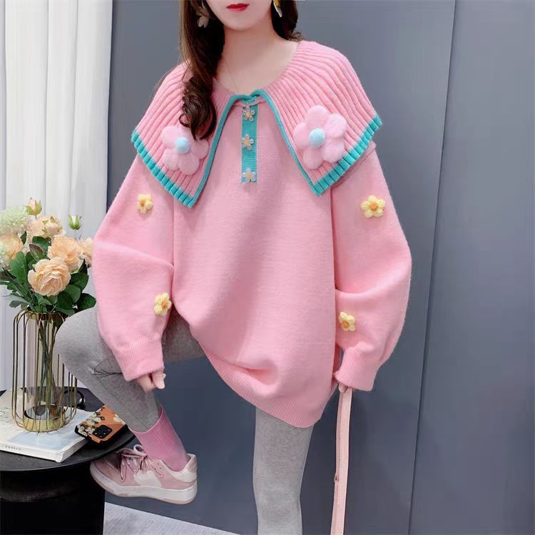 NZN เสื้อสเวตเตอร์สวมหัวดอกไม้สามมิติสไตล์เกาหลี หวานสไตล์หลวมเสื้อสเวตเตอร์ถักแขนยาวดูดีสุดๆ