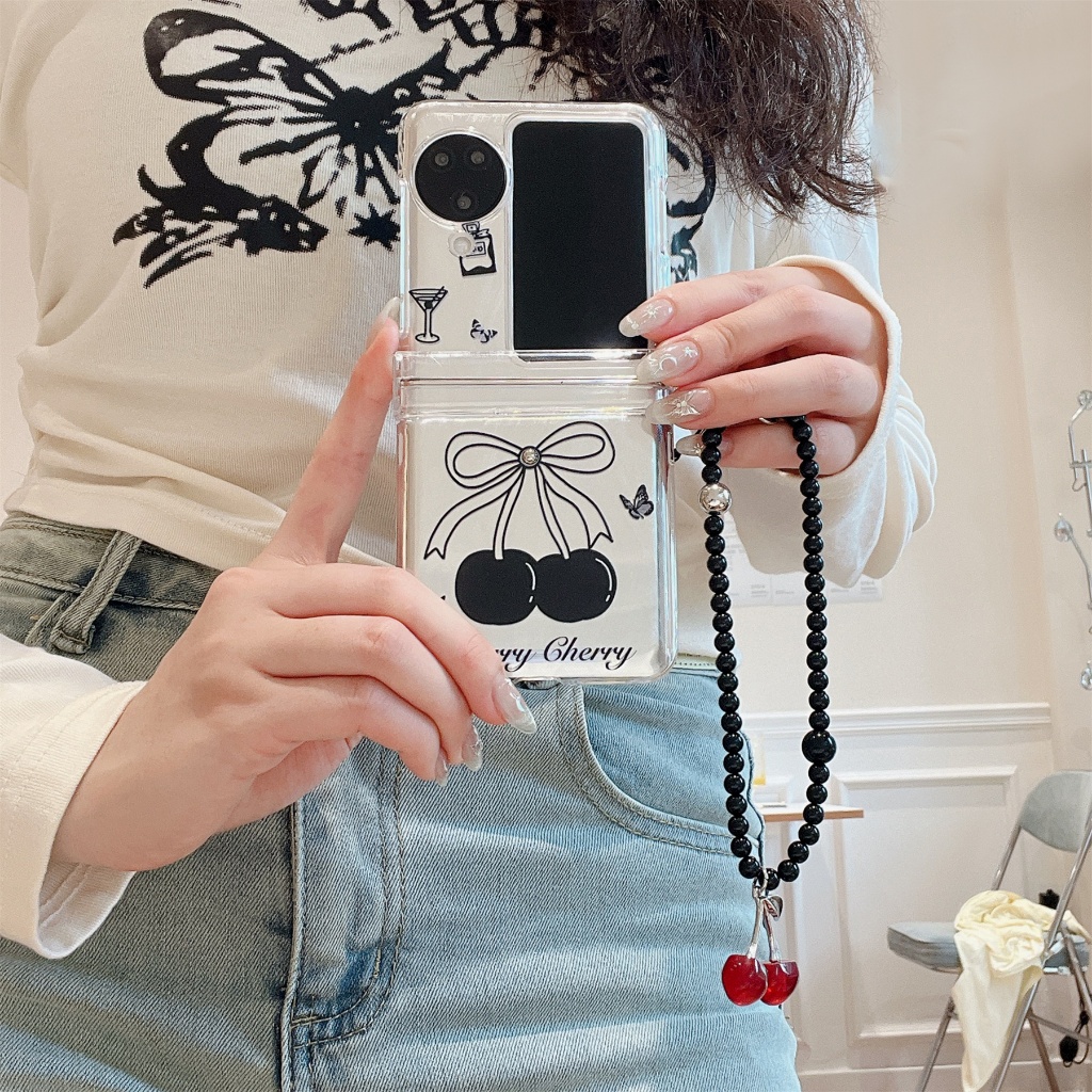 เกาหลีสดง่าย Camlet สีดําเชอร์รี่เคสโทรศัพท์ลูกปัดสร้อยข้อมือสําหรับ OPPO ค้นหา N2 Flip ค้นหา N3 พลิกกันกระแทกปกหลัง