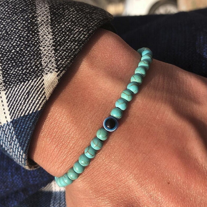 6 มม.ลูกปัดหินธรรมชาติ Evil Eye สร้อยข้อมือ Obsidian Hematite สร้อยข้อมือยืดหยุ่นสําหรับชายเครื่องประดับอุปกรณ์เสริม - รูปที่ 4