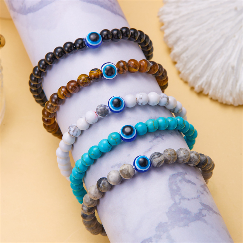 6 มม.ลูกปัดหินธรรมชาติ Evil Eye สร้อยข้อมือ Obsidian Hematite สร้อยข้อมือยืดหยุ่นสําหรับชายเครื่องประดับอุปกรณ์เสริม - รูปที่ 2