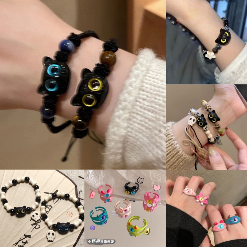 สร้อยข้อมือ จี้รูปแมว และดาว สีดํา แฟชั่นฤดูร้อน สําหรับผู้หญิง 2024