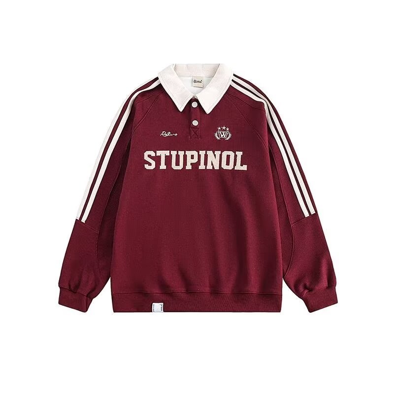เสื้อสเวตเตอร์แขนยาวย้อนยุคอเมริกันสําหรับผู้ชายสไตล์สตรีท เสื้อสเวตเตอร์โปโลสําหรับผู้ชายและผู้หญิงคู่รักปักลายตัวอักษรปกเสื้อแขนยาวส