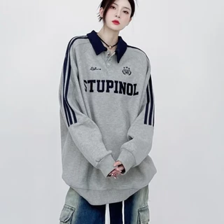 เสื้อโปโลแขนยาว Oversize สไตล์อเมริกันวินเทจ ปักตัวอักษร ลายแถบแขน เสื้อคอปก Streetwear Unisex【COD】