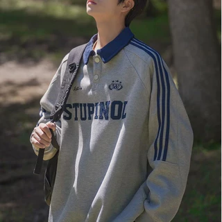 เสื้อโปโลแขนยาว Oversize สไตล์อเมริกันวินเทจ ปักตัวอักษร ลายแถบแขน เสื้อคอปก Streetwear Unisex【COD】