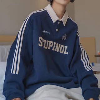 เสื้อโปโลแขนยาว Oversize สไตล์อเมริกันวินเทจ ปักตัวอักษร ลายแถบแขน เสื้อคอปก Streetwear Unisex【COD】