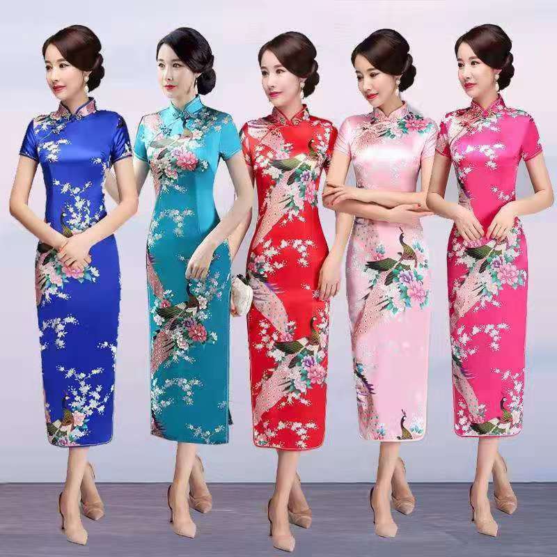 ผู้หญิง Qipao ซาตินทุกวันชุดลําลองฤดูร้อนใหม่ยาว Qipao พิมพ์ดอกไม้จีน Cheongsam กระโปรง