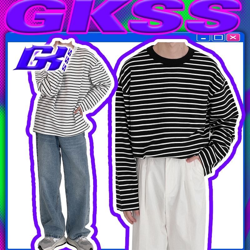 GKSSS เสื้อยืดแขนยาวผู้ชายลายทางเรียบง่ายเวอร์ชั่นเกาหลีหลวมๆ