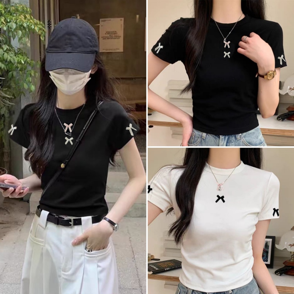 Hotgirl พร้อมส่ง เสื้อยืดผู้หญิง เสื้อยืดทรงซ้อ คอกลมแขนสั้น ดีไซน์โบว์เก๋ไก้ เรียบง่าย หวานและน่ารัก