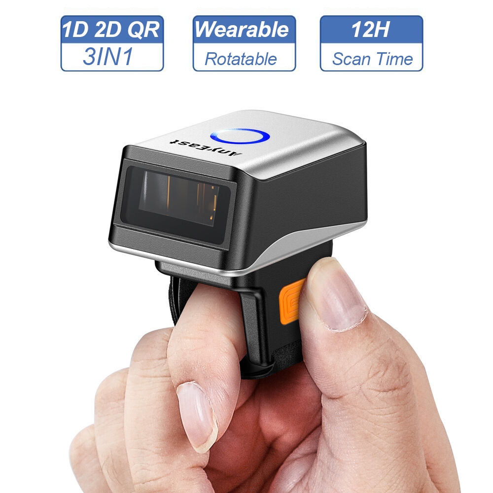 เครื่องสแกนบาร์โค้ดขนาดเล็ก 1D/2D สวมใส่ได้ – แบบมีสาย 3-in-1 ไร้สาย/บลูทูธ/USB | รองรับสแกนหน้าจอ | เหมาะสําหรับ POS, สินค้าคงคลัง, ห้องสมุด