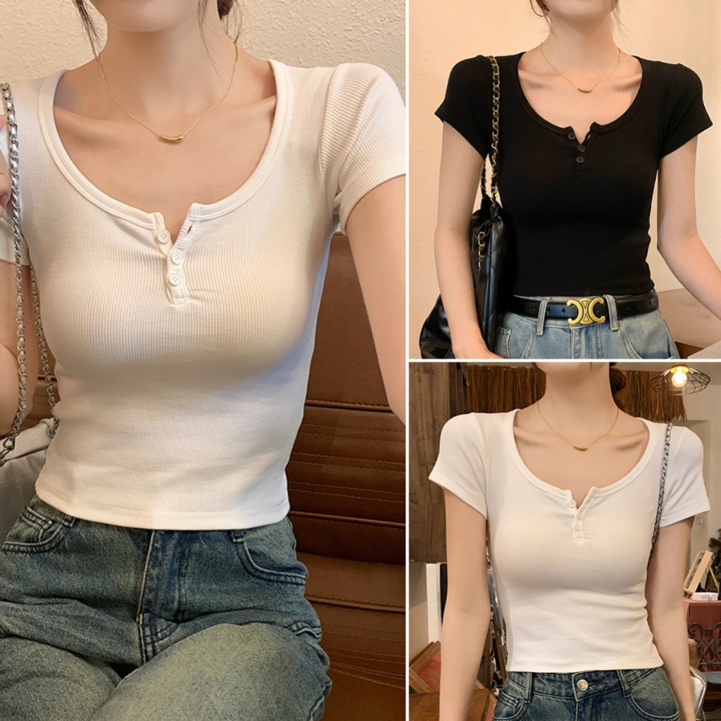 Hotgirl พร้อมส่ง✨เสื้อยืดรัดรูปผู้หญิง เสื้อซินเทจ cintage แขนสั้นครอป สีพื้น ผ้าร่อง พร้อมกระดุม