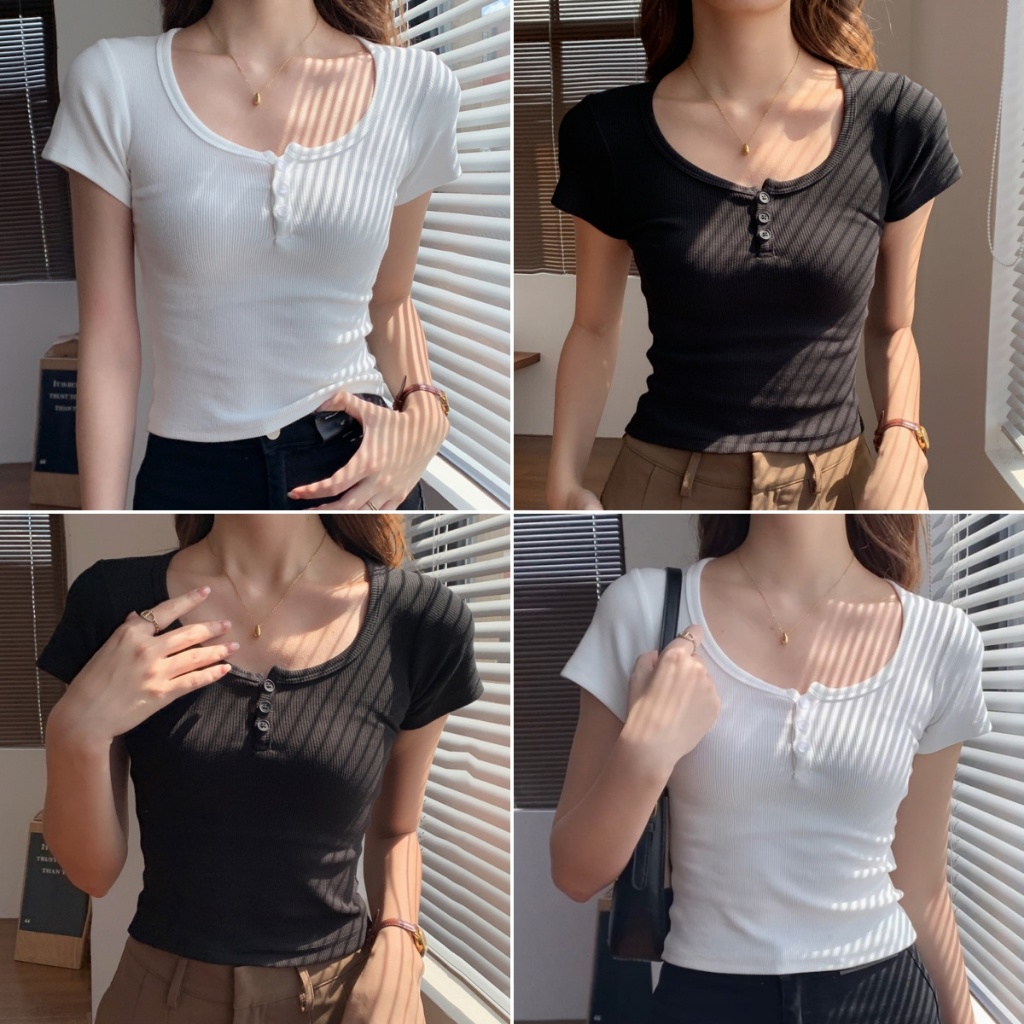 Betty house พร้อมส่ง เสื้อยืดสวยๆผู้หญิง เสื้อครอปเซ็กซี่ แขนสั้นย้อนยุค ผ้าร่องลายทาง ดีไซน์พร้อมกระดุม