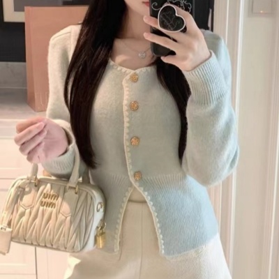 NZN ฤดูใบไม้ร่วงผู้หญิงคอเหลี่ยมด้านบนแขนพัฟ สีทึบแขนยาวถักเสื้อสเวตเตอร์ถัก
