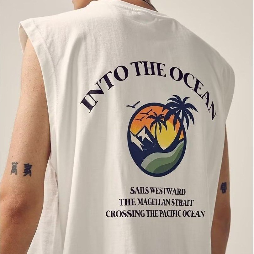 ส่งไวจากไทย  Maisida เสื้อยืดแขนกุด ขนาดใหญ่ ทรงหลวมพอดีตัว พิมพ์มะพร้าว แฟชั่นฤดูร้อนสำหรับผู้ชายและผู้หญิง