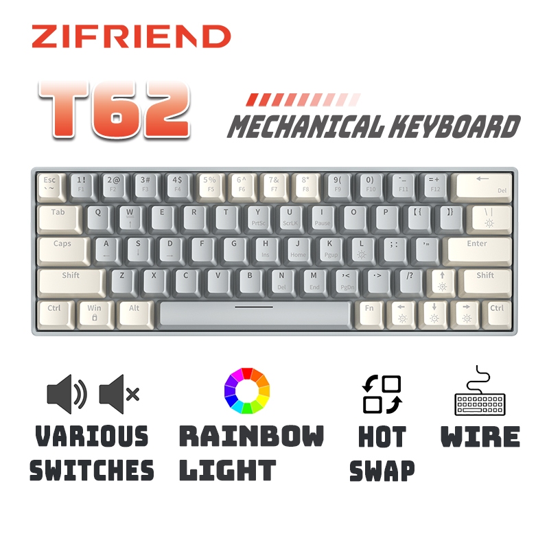 ZIFRIEND T62 คีย์บอร์ดแบบกลไก 63-Key Hotswap Rainbow Backlit Wire Gaming คีย์บอร์ดสำนักงาน
