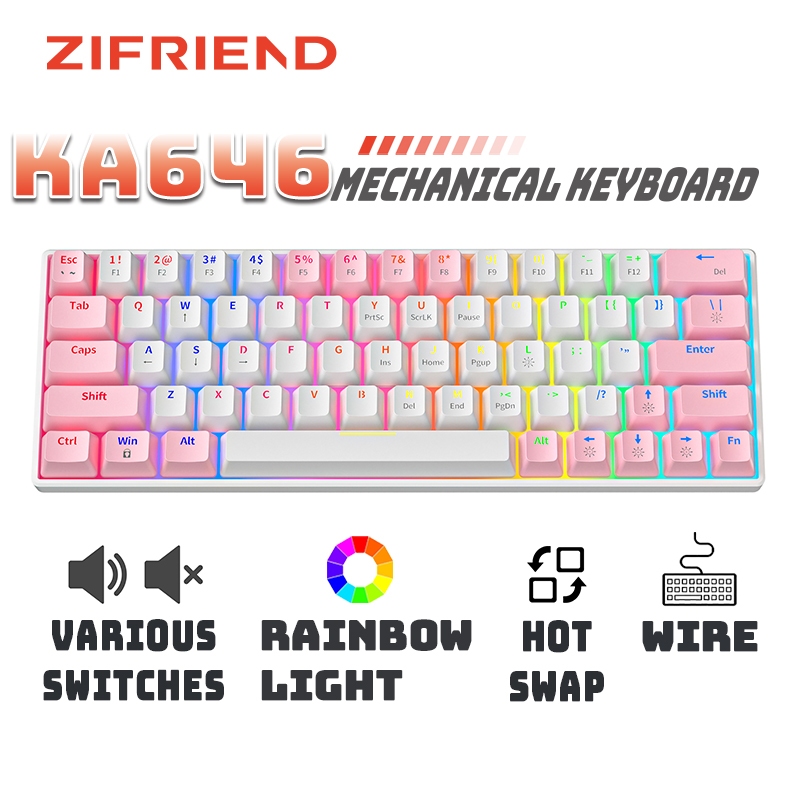 Zifriend คีย์บอร์ดเล่นเกม แบบใช้สาย 63 คีย์ ขนาดเล็ก 60% มีไฟแบ็คไลท์ สีฟ้า สีแดง