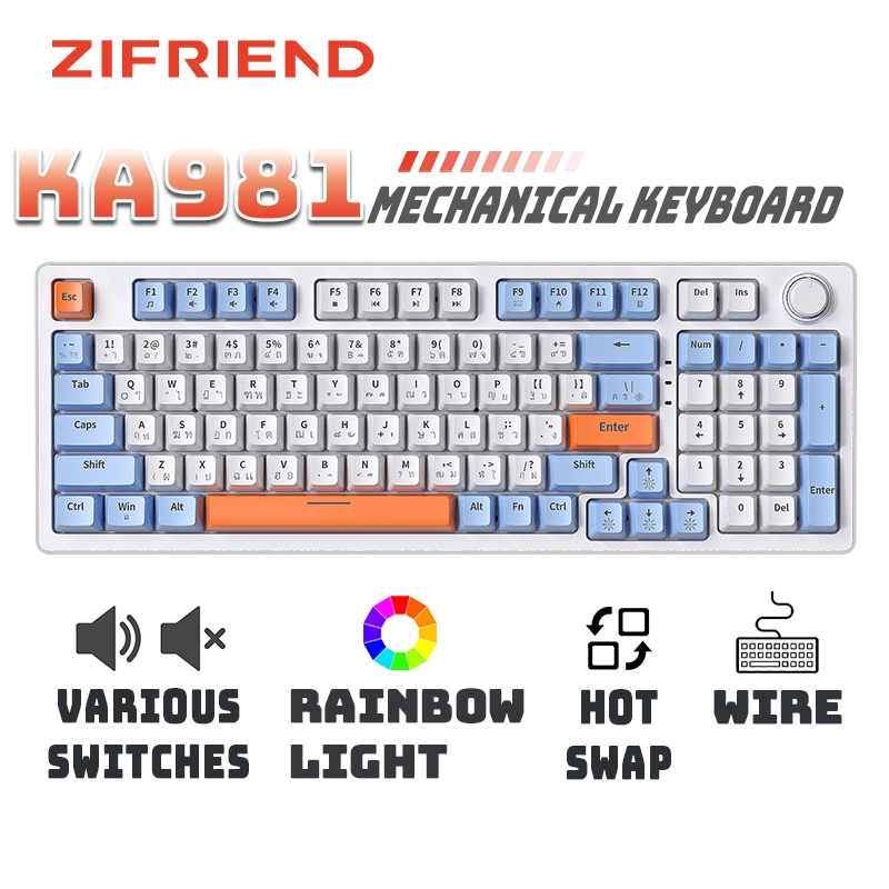 Zifriend KA981คีย์บอร์ดเชิงกล 98 คีย์ คีย์บอร์ดเกมมิ่งแบบมีสายแบบ Hotswap