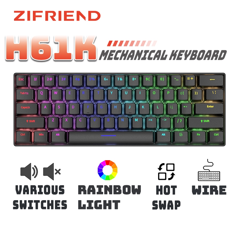 ZIFRIEND H61K คีย์บอร์ดแบบกลไก Rainbow Light Hot-swappable Gaming Keyboard