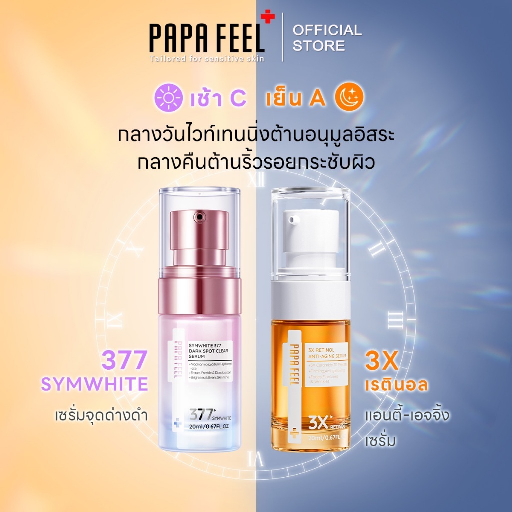 [เช้า C เย็น A] PAPA FEEL Symwhite377 Serum เซรั่ม 3X Retinol Serum แอนตี้-เอจจิ้ง เซรั่ม 20ml+20ml