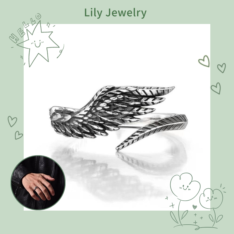 แหวนเงิน S925 รูปปีกนางฟ้า ประดับขนนก ปรับได้ สไตล์เรโทร สําหรับผู้ชาย และผู้หญิง