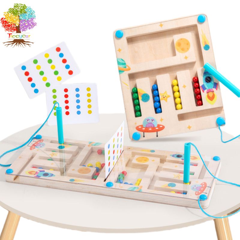 Treeyear Montessori เกมเขาวงกตแม่เหล็กไม้ - ของเล่นเพื่อการศึกษาพร้อมการ์ดจับคู่สีและลูกปัดสําหรับการเรียนรู้ในช่วงต้น