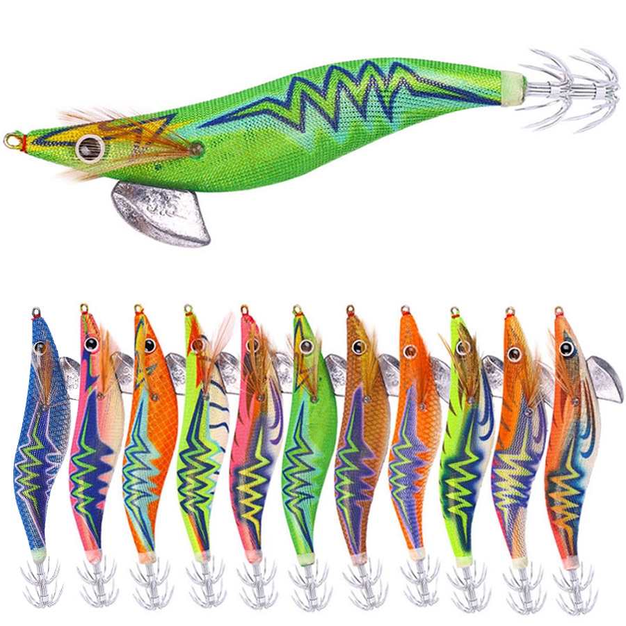 Hengjia Luminous Squid Jigs Glow Lightning Strip กุ้งไม้ปลาหมึก Jig Hooks ปลาหมึก Cuttlefish Fishing Lure ขนาด 2.5# 3.0# 3.5#