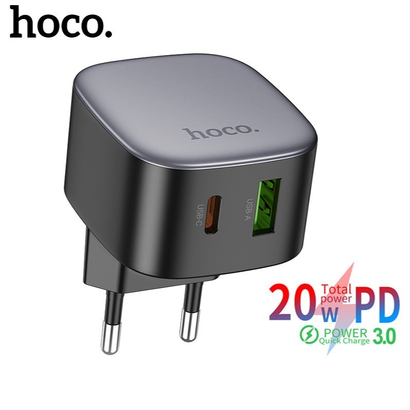 Hoco CS32A Dual Port Charger PD20W Fast Charging QC3.0 USB Type-C Charger Adapter Wall Charger สําหรับโทรศัพท์ 15 14 13 12 Samsung โทรศัพท์สมาร์ทโฟนทั้งหมดปลั๊กชาร์จ EU Plug