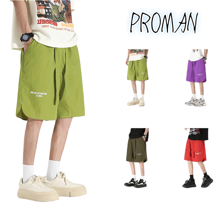 PROMAN-ตัวอักษร พิมพ์ลาย ผ้าไหมน้ำแข็ง กางเกงขาสั้น ผู้ชาย ลำลอง กีฬา แห้งเร็ว แฟชั่น แมทช์ลุคง่าย