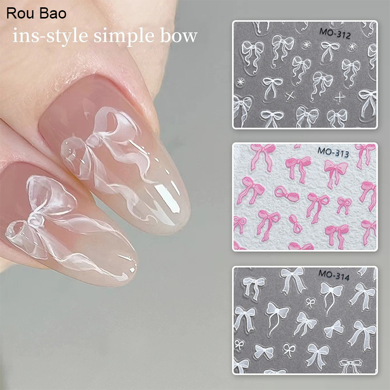 Rou Bao เล็บ Bowknot ริบบิ้นสติกเกอร์บัลเล่ต์ Girly สีชมพู Wihte พร้อมกาวด้านหลังเล็บ Art DIY ตกแต่ง
