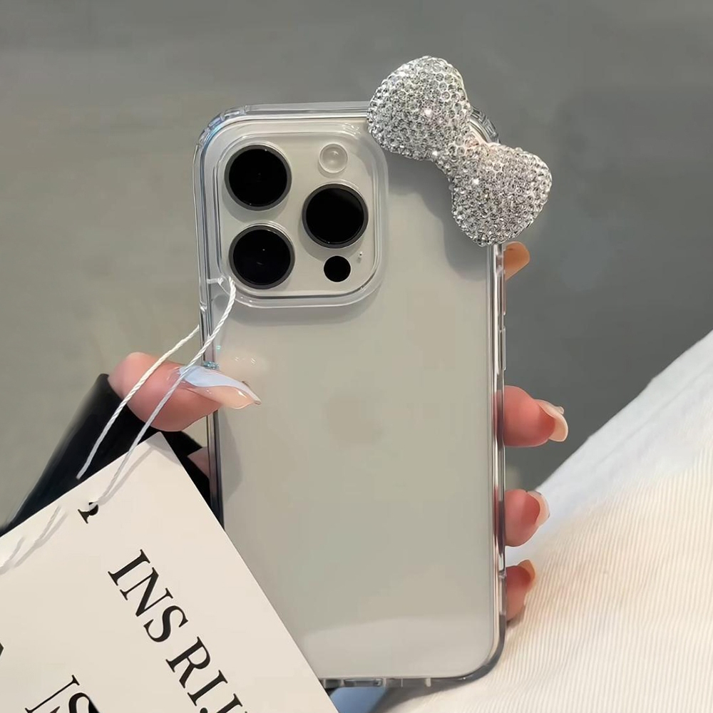หรูหราbling 3DเพชรBowknot Tansareeเคสโทรศัพท์สําหรับiPhone 16 15 14 13 11 12 Pro Max Plus X XR XSน่ารักนุ่ม