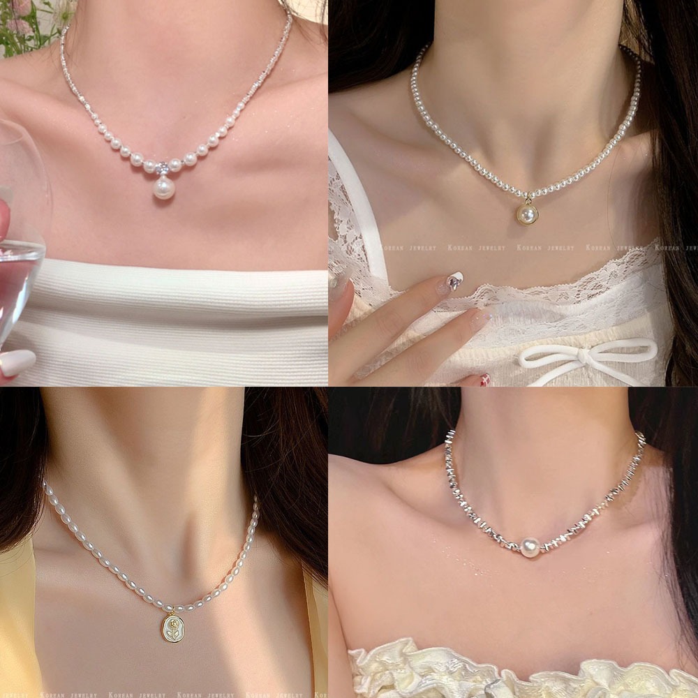 สร้อยคอมุกเกาหลีสําหรับผู้หญิง สร้อยคอจี้เพทายหรูหรากระดูกไหปลาร้าโซ่เค้นคอเครื่องประดับแฟชั่นอุปกรณ์เสริม