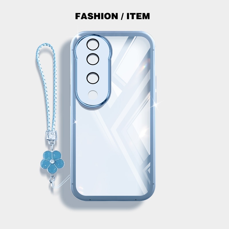 ปลอก Vivo V40 Pro 5G V30 Pro 5G V30E 5G S18 Pro 5G S19 Pro 5G V40 Lite 4G 5G โปร่งใสซิลิโคนกันกระแทกนุ่มเคสโทรศัพท์พร้อมเชือกแขวนดอกไม้