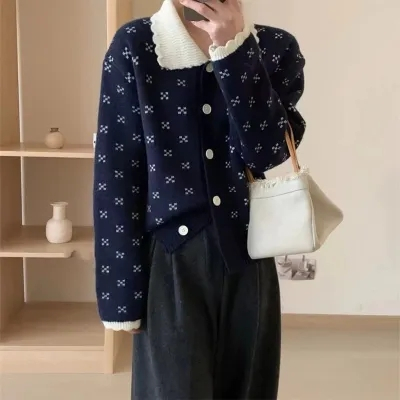 NZN ปลอกคอตุ๊กตาเกาหลีเกล็ดหิมะเย็บปักถักร้อยถักเสื้อสเวตเตอร์ถักผู้หญิงใหม่หลวมหวานนุ่มกรูเบนเสื้อกันหนาวในฤดูหนาว