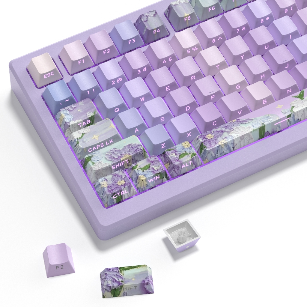 130 คีย์ด้านข้างพิมพ์ Keycaps ดอกไม้สีม่วง Custom Dye-sub Key หมวก PBT Backlit Keycap สําหรับ Gateron MX Gamer คีย์บอร์ด