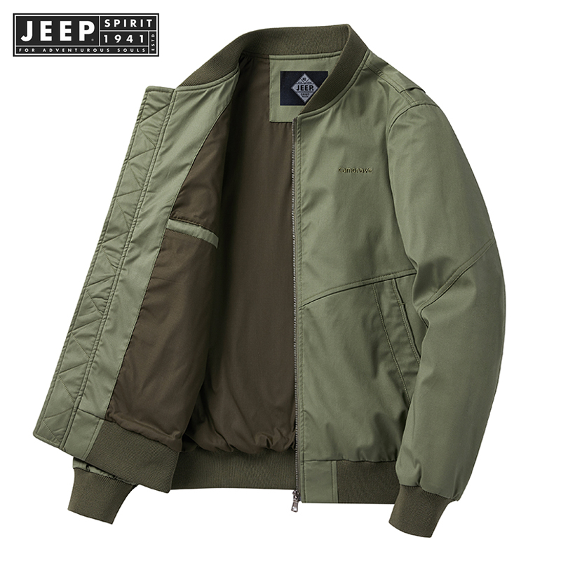 Jeep SPIRIT 1941 ESTD ผู้ชายฤดูใบไม้ผลิและฤดูใบไม้ร่วงใหม่ยืนขึ้นปกแจ็คเก็ตลําลองแจ็คเก็ตปกติ