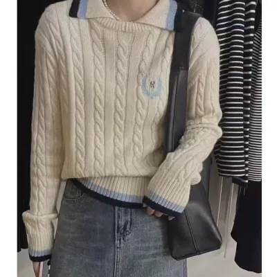NZN เสื้อไหมพรมแขนยาวผู้หญิงปกแฟชั่นเกาหลี