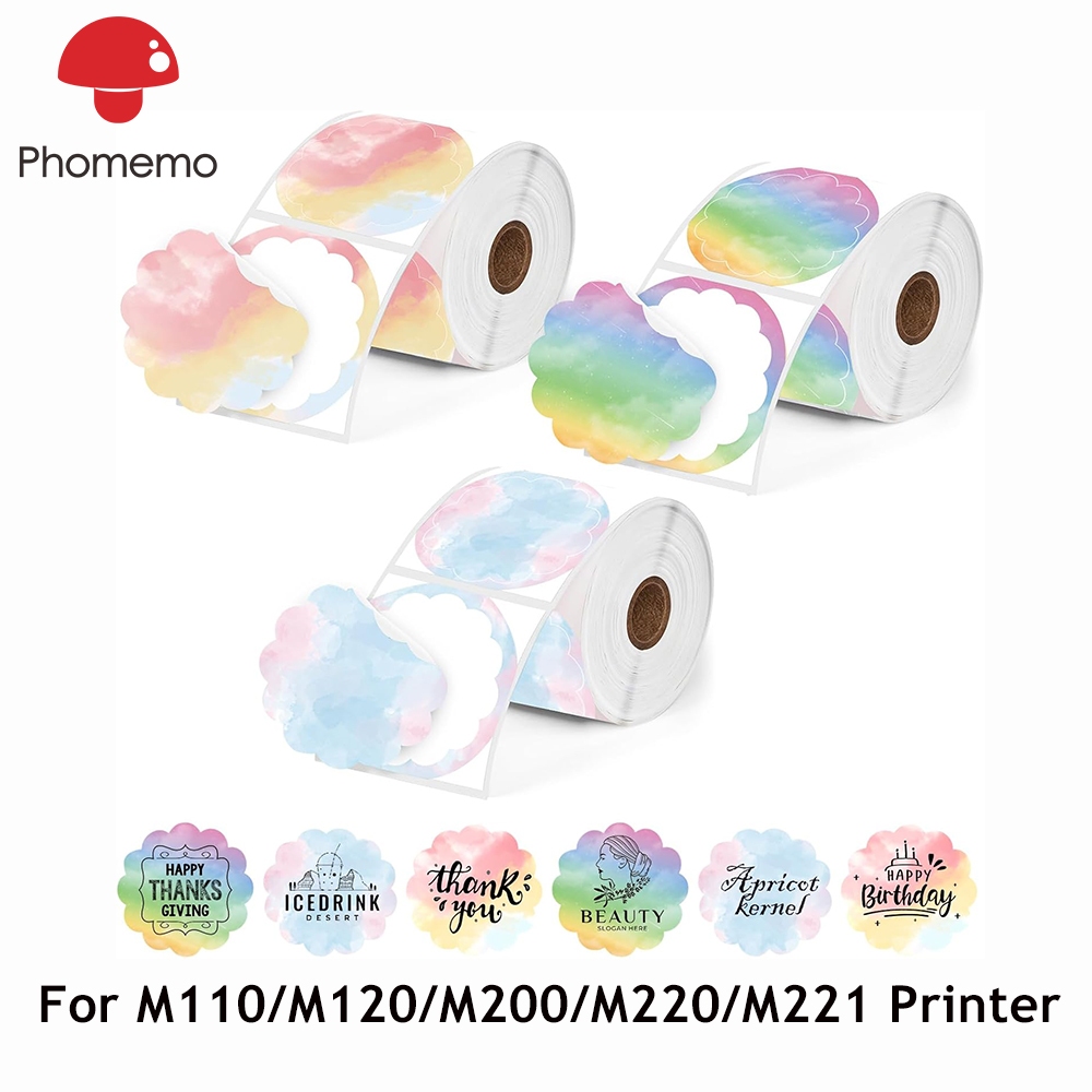 Phomemo 50x50mm*3rolls กลีบดอกกลมหลากสีสันสติกเกอร์ฉลากความร้อนลายเกรเดียนต์สำหรับเครื่องพิมพ์ M100 M110 M120 M200 M220 M221 and Thermal label sticker printer