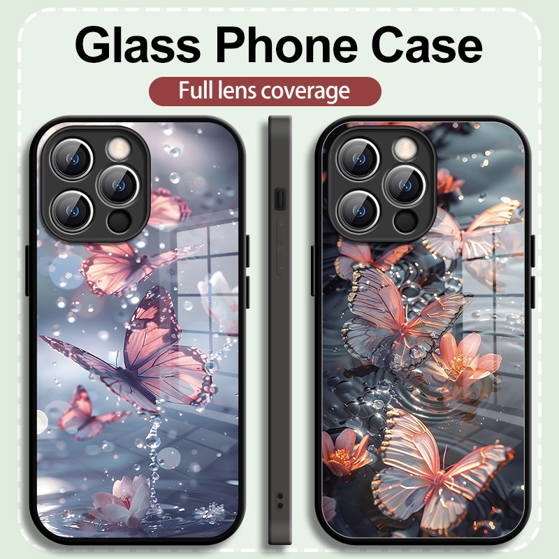 เคสโทรศัพท์แก้วคุณภาพสูงสำหรับ iPhone สำหรับ iPhone16 15 14 13 12 11ProMax Case ขายดีที่สุด รูปแบบผีเสื้อ iPhone XR XSMax กรณีป้องกันสำหรับผู้หญิง