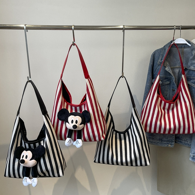 Disney Disney Mickey Canvas Bag Large Capacity Tote Bag เย็บเย็บ Messenger Bag กระเป๋าสะพายลาย