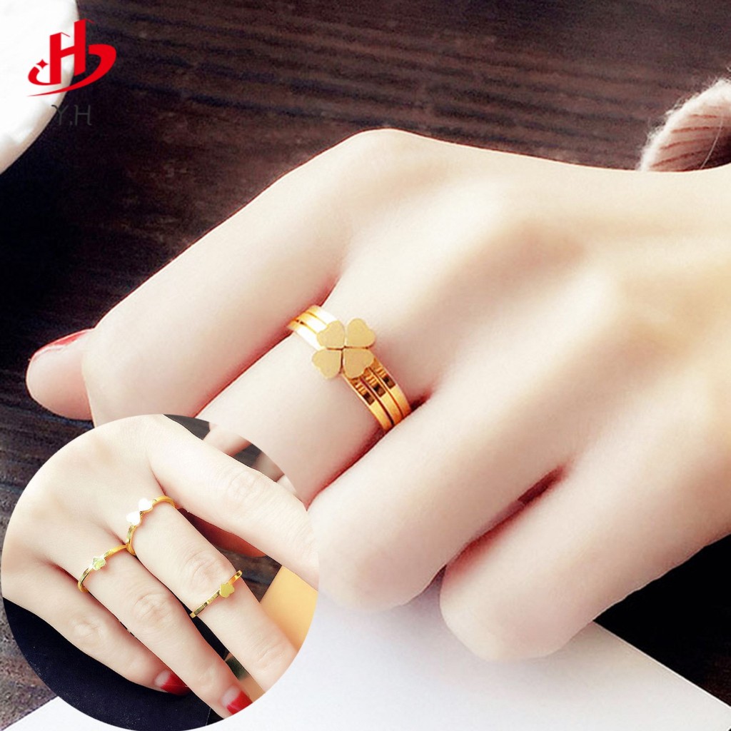 ⭐Y.H⭐ 2024 โคลเวอร์สี่ใบ สามชุด แยกชิ้นส่วนได้ สีทอง 18K แหวนสแตนเลส