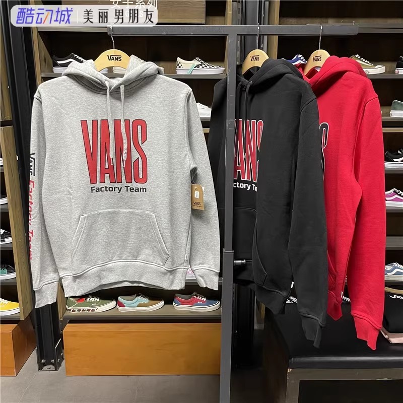 Vans เสื้อฮู้ดสีดําและสีแดง เสื้อฮู้ดสีเทา โลโก้ขนาดใหญ่ Casual พิมพ์ VN0A3QSABLK